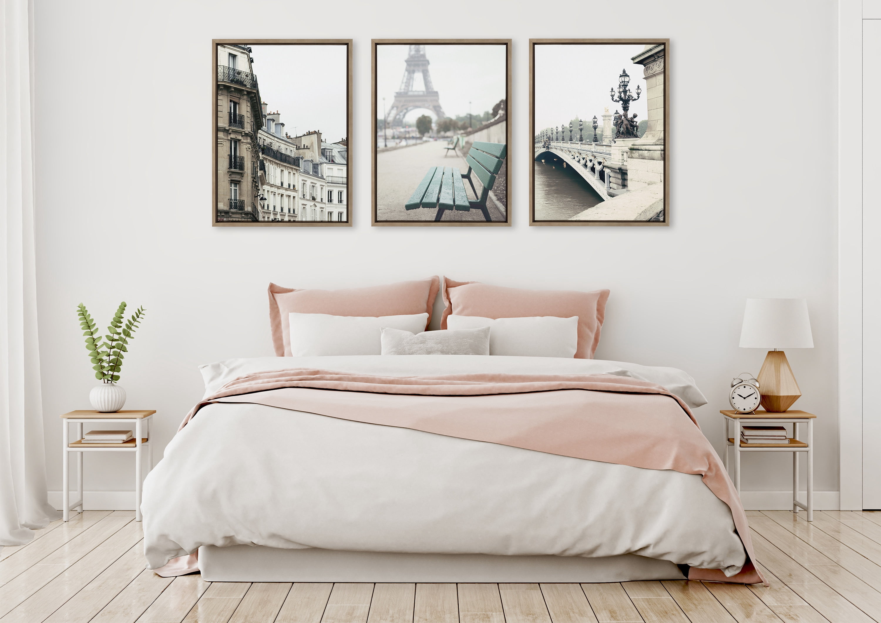 Sylvie L Hotel, Paris Eiffel Tower Europe Travel and Pont Alexandre III 18 in x 24 in Framed Photography Canvas Art Prints, by Kate and Laurel Set of 3