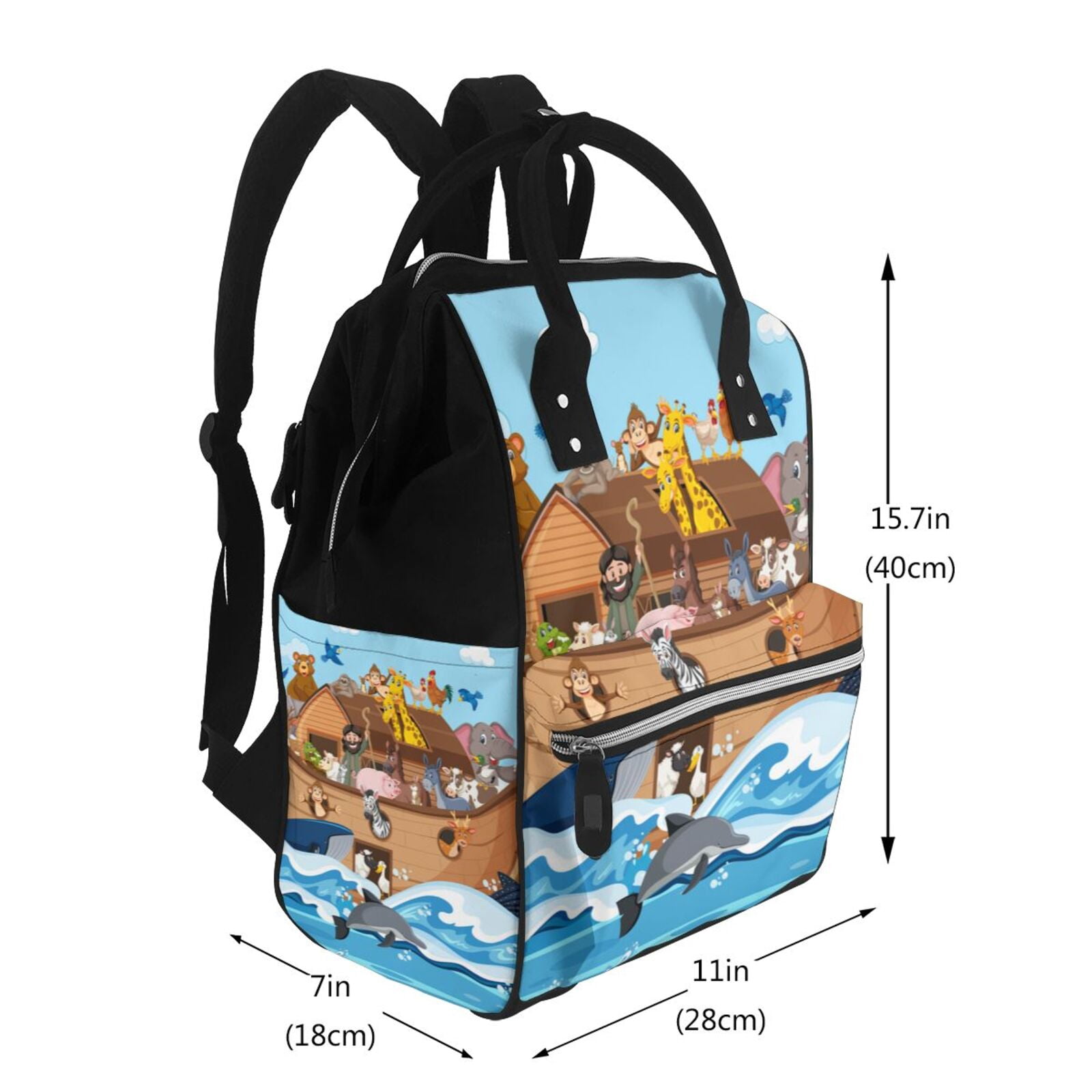 Ratiio Animals on Noah's Ark Floating Mummy Backpack - Waterproof Twill Canvas, Large Capacity Diaper Bag with Multiple Pockets and Adjustable Straps