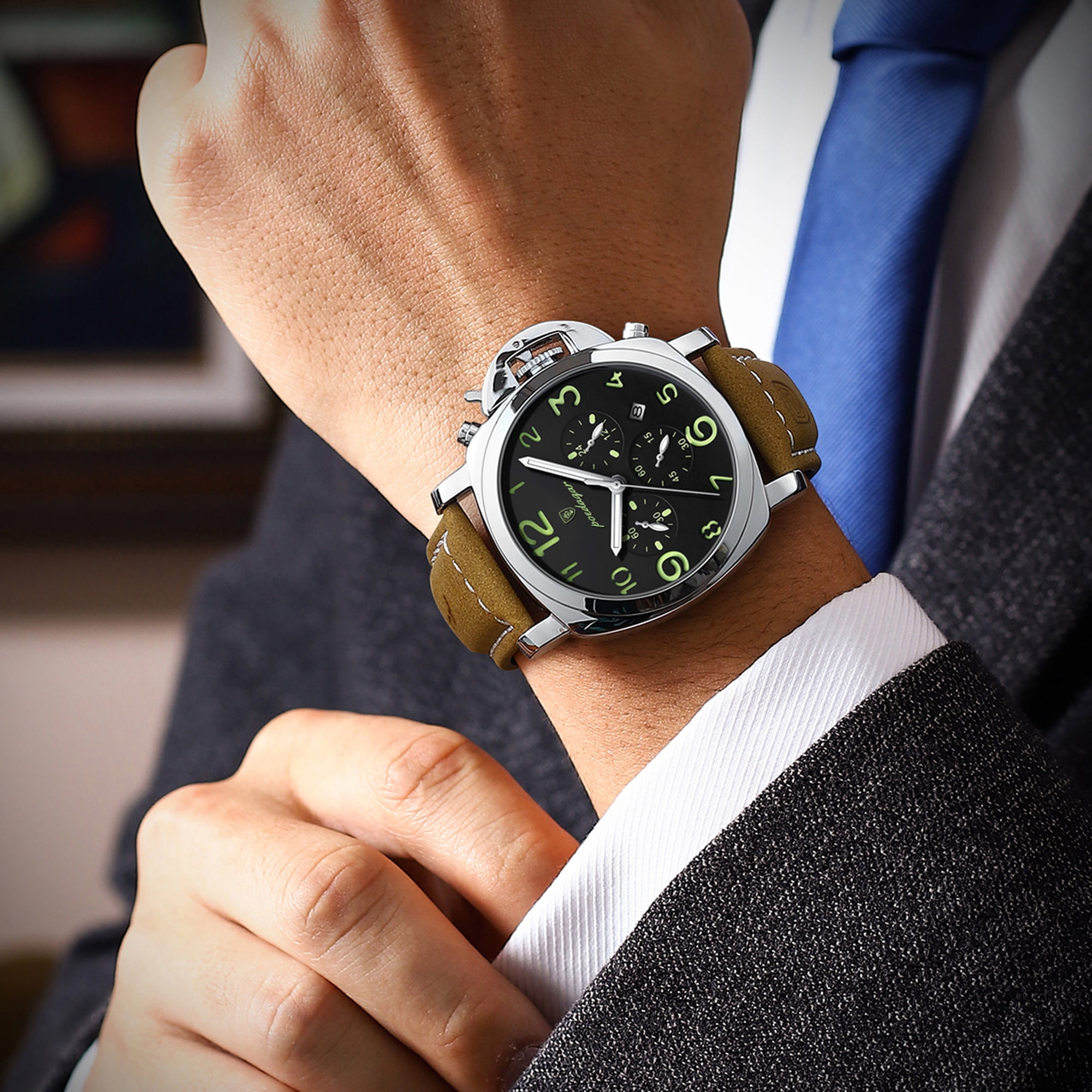 Poedagar Men's Business Quartz Watches with PU Leather Strap Waterproof Luminous Calendar Chronograph