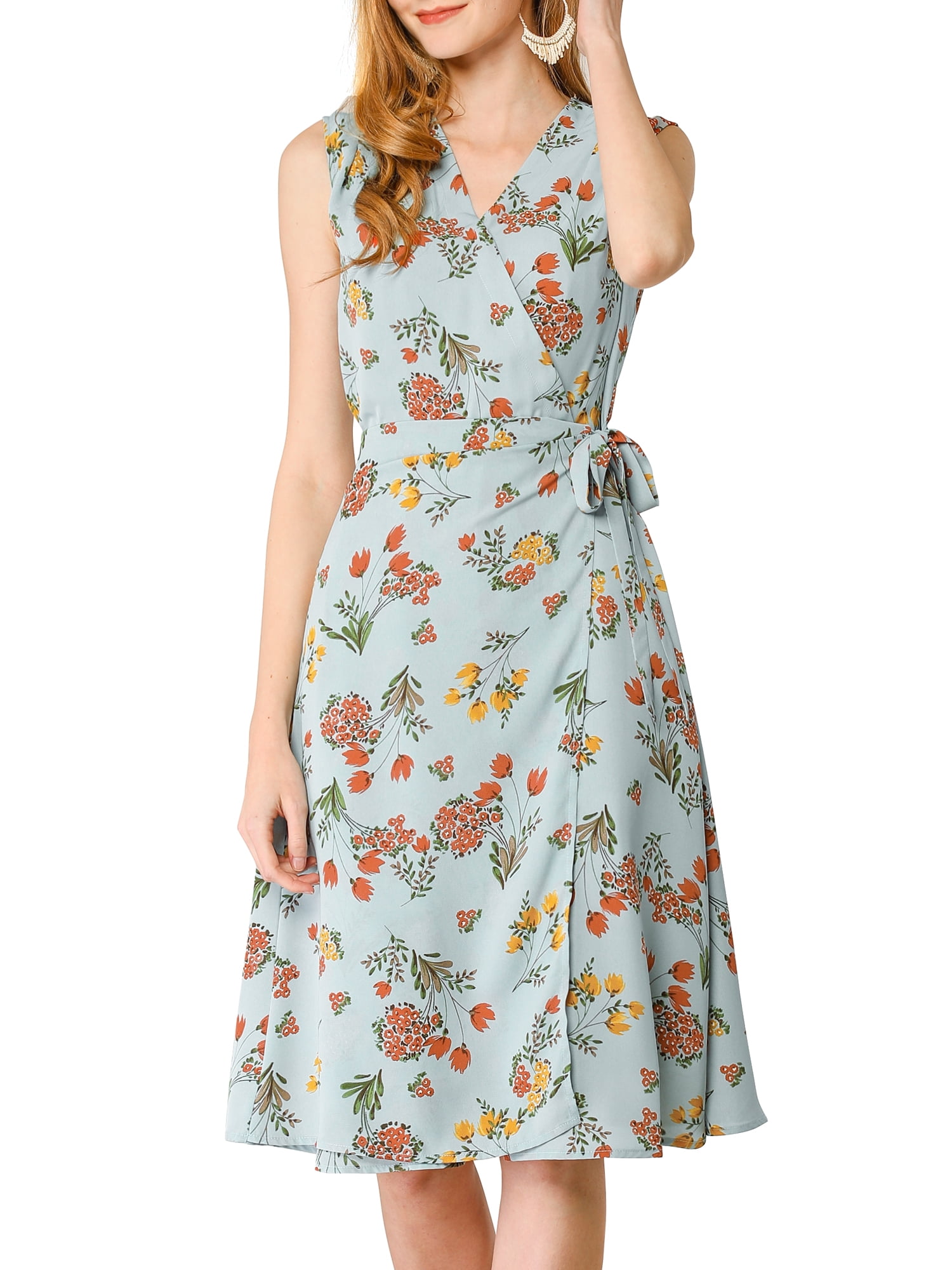 Allegra K - Allegra K Women's Summer Sleeveless V Neck Tie Waist Floral Wrap Midi Dress XS Blue 