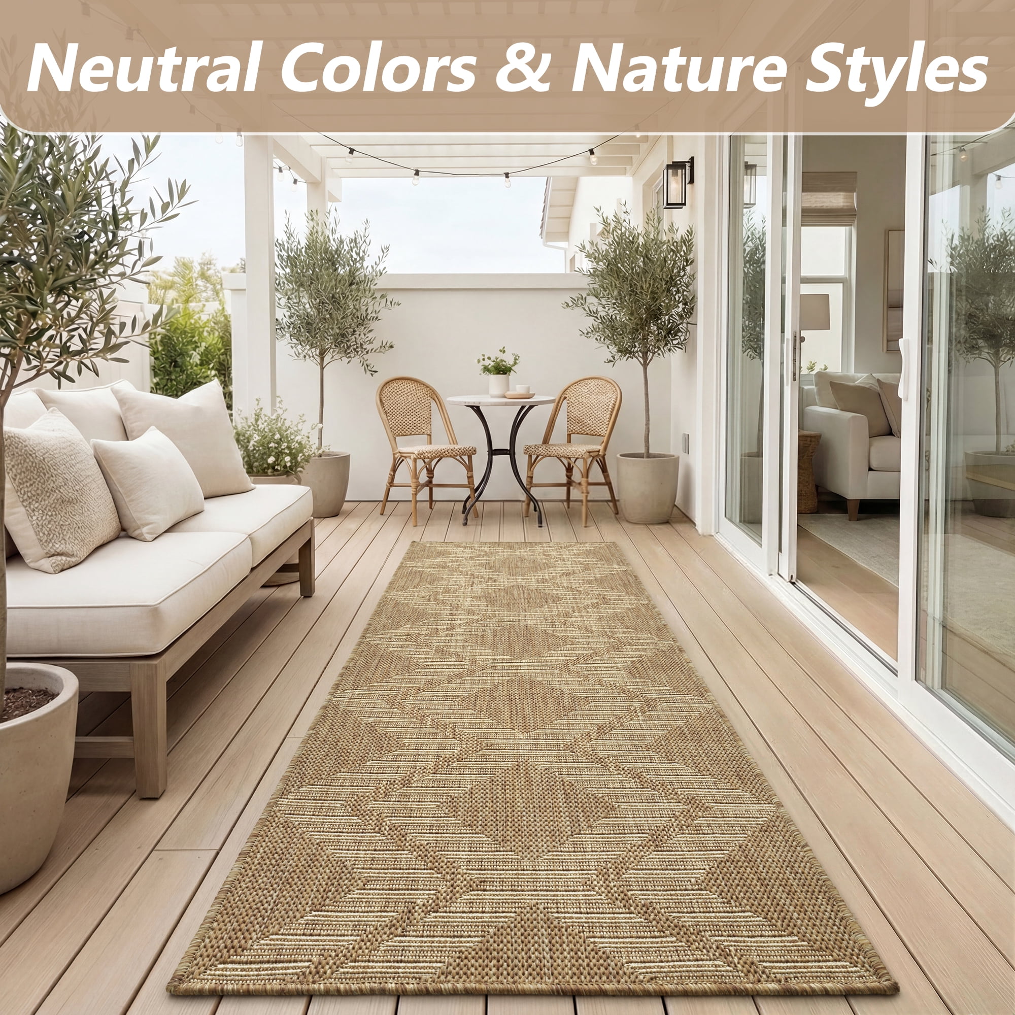 SIXHOME Outdoor Rugs 2'x8' Runner, Bohemian Geometry Patio Rug, Indoor Outdoor Polypropylene Weave Textured Carpet, Water-Resistant, Quick-Dry Rug for Porch, Balcony, RV, Garden, Neutral Brown