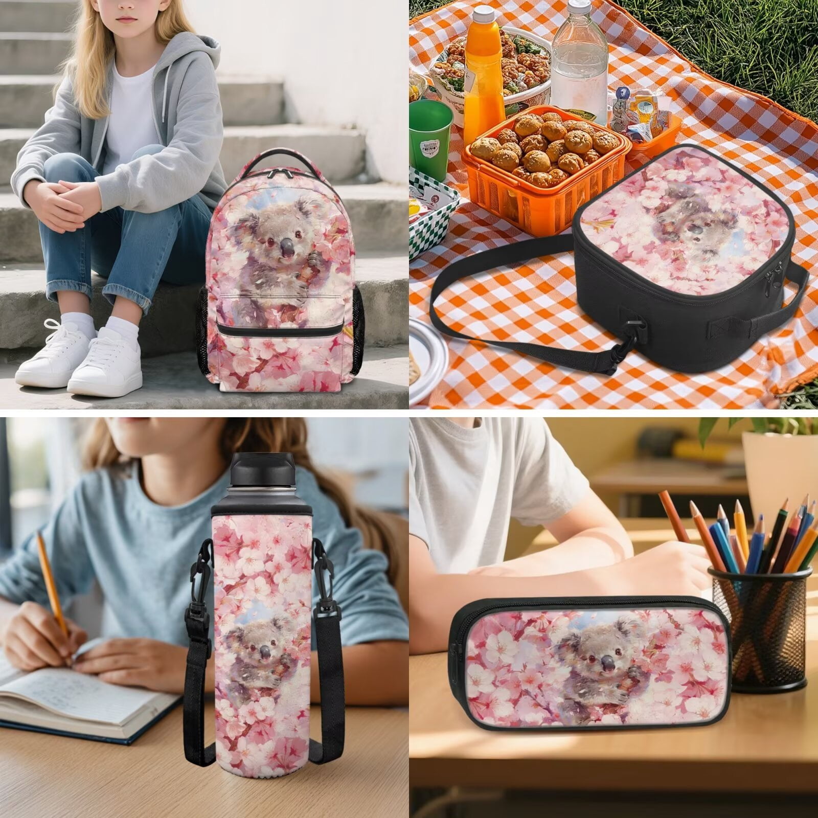 Pzuqiu Cherry Blossom Koala Kids Backpack School Bag Set with Lunch Box Pencil Case Water Bottle Bag 5 Piece Bookbags with Adjustable Shoulder Strap for Girls Teens