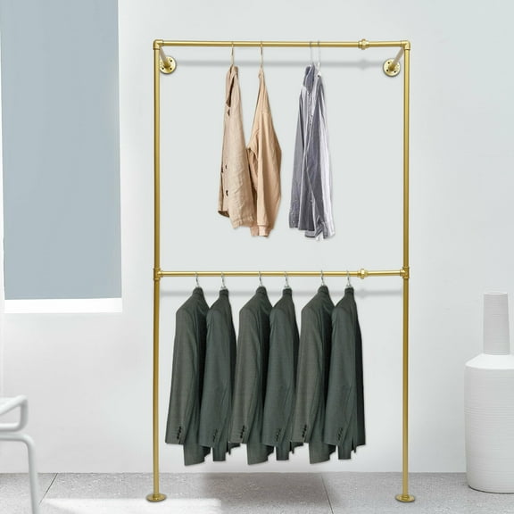 Fichiouy 2 Tiers Wall Mounted Clothes Rack Industrial Pipe Garment Display Rack for Bedroom Gold