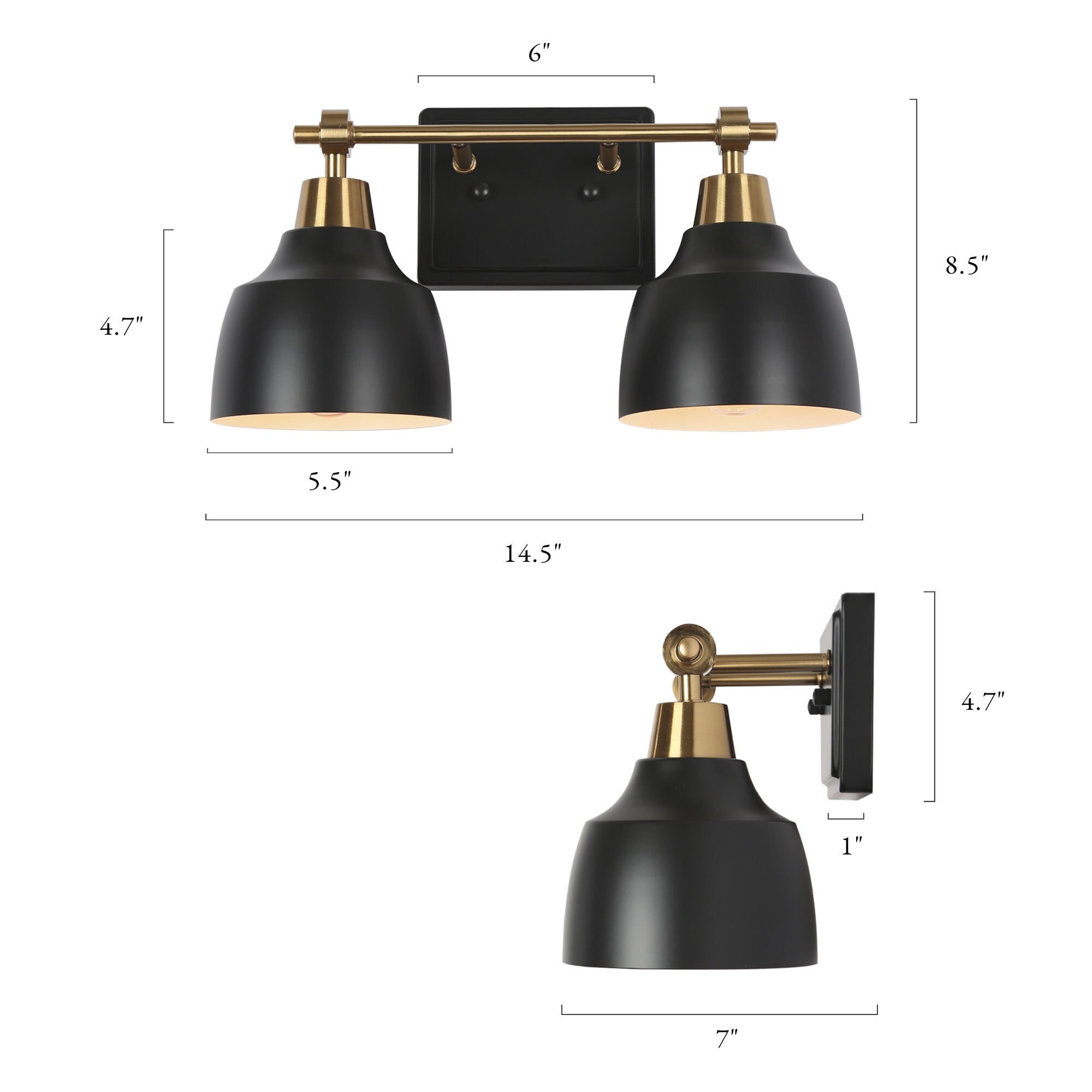 LNC 2-Light Black and Gold Round Modern Bathroom Vanity Lighting Fixutre,14.5"Lx8.5"Hx7"D