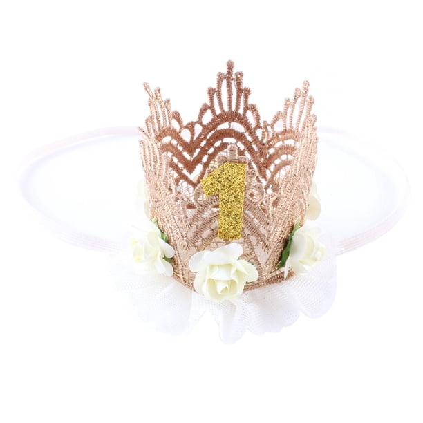 Bebé primer cumpleaños corona rosa flor encaje encaje tocado niña 1er cumpleaños sombrero fiesta suministros cumpleaños sombrero foto prop diademas accesorios para el cabello (beige)