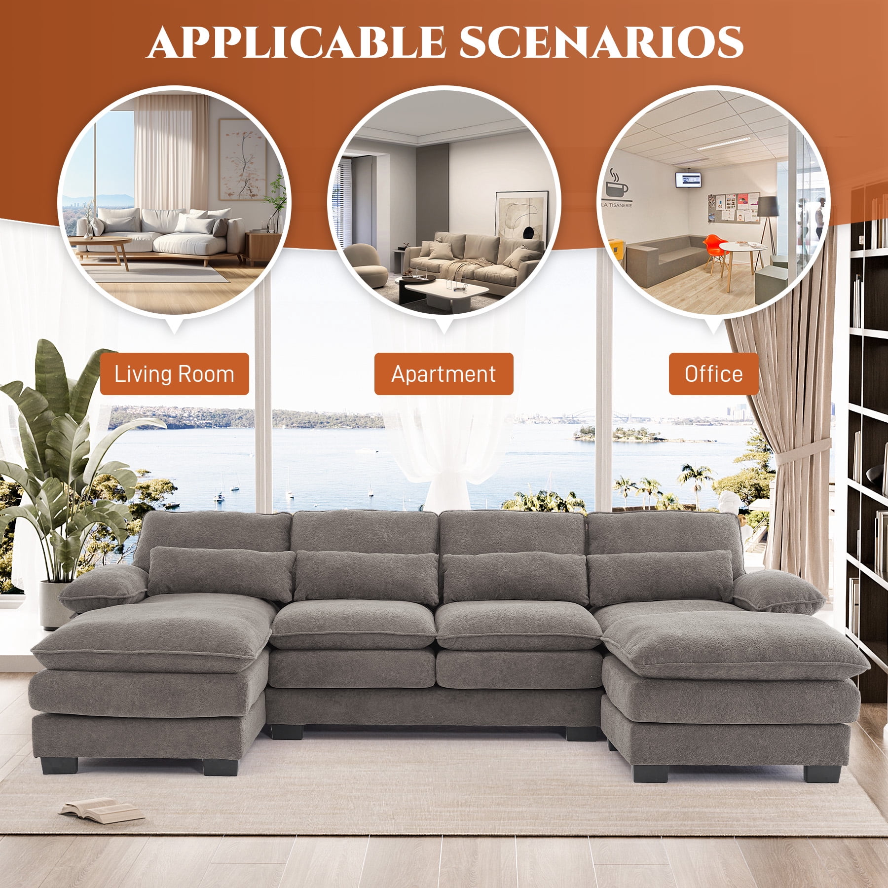 Wiilayok 113" U Shaped Sectional Sofa with Chaise Lounge and Ottoman,Chenille Modular Sectional Sofa Couch for Living Room,Cloud Grey