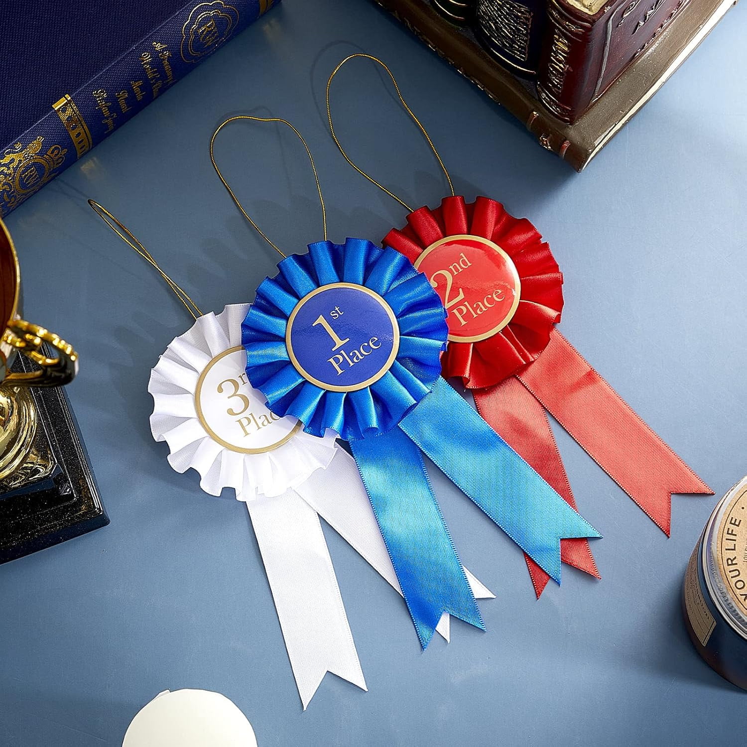 Award Ribbon Rosette Set Satin Participation Ribbon Honorable Awards Badge Blue Red and White Prizes 1st 2nd 3rd Place Medals for Classroom Prize Science Fair Talent Show(12 Pcs)