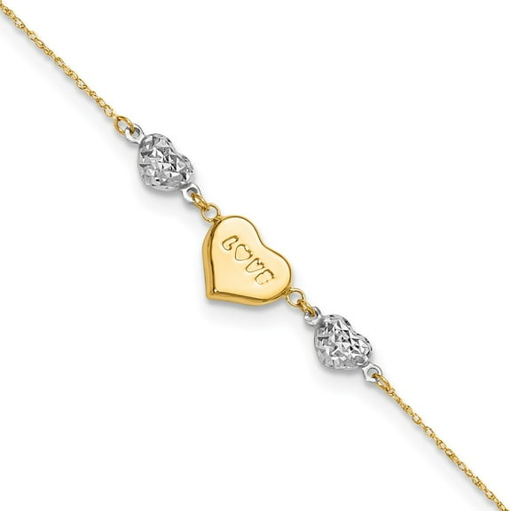 Primal Gold 14 Karat Two-Tone Diamond-cut Puffed Heart LOVE 9-inch Plus 1-inch Extension Anklet