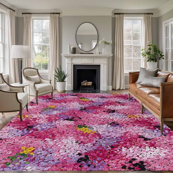 Large Area Rugs for Living Room Bedroom, Cherry Blossom 8'x10' Rug Washable Carpet Runner Indoor Outdoor, Pink Purple Flowers Modern Oil Painting Art Non Slip Floor Mats Rug for Kitchen, Patio