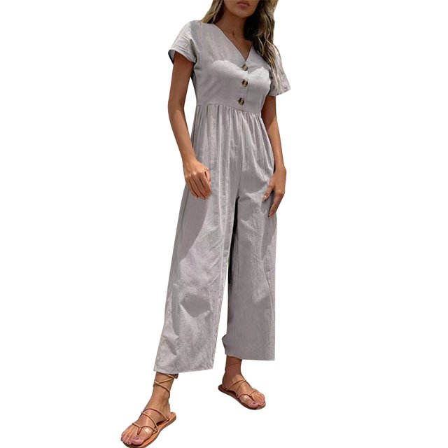 VBARHMQRT Skeleton Jumpsuit Women's Solid Color Short Sleeved Button Down Casual Wide Leg Cropped Jumpsuit