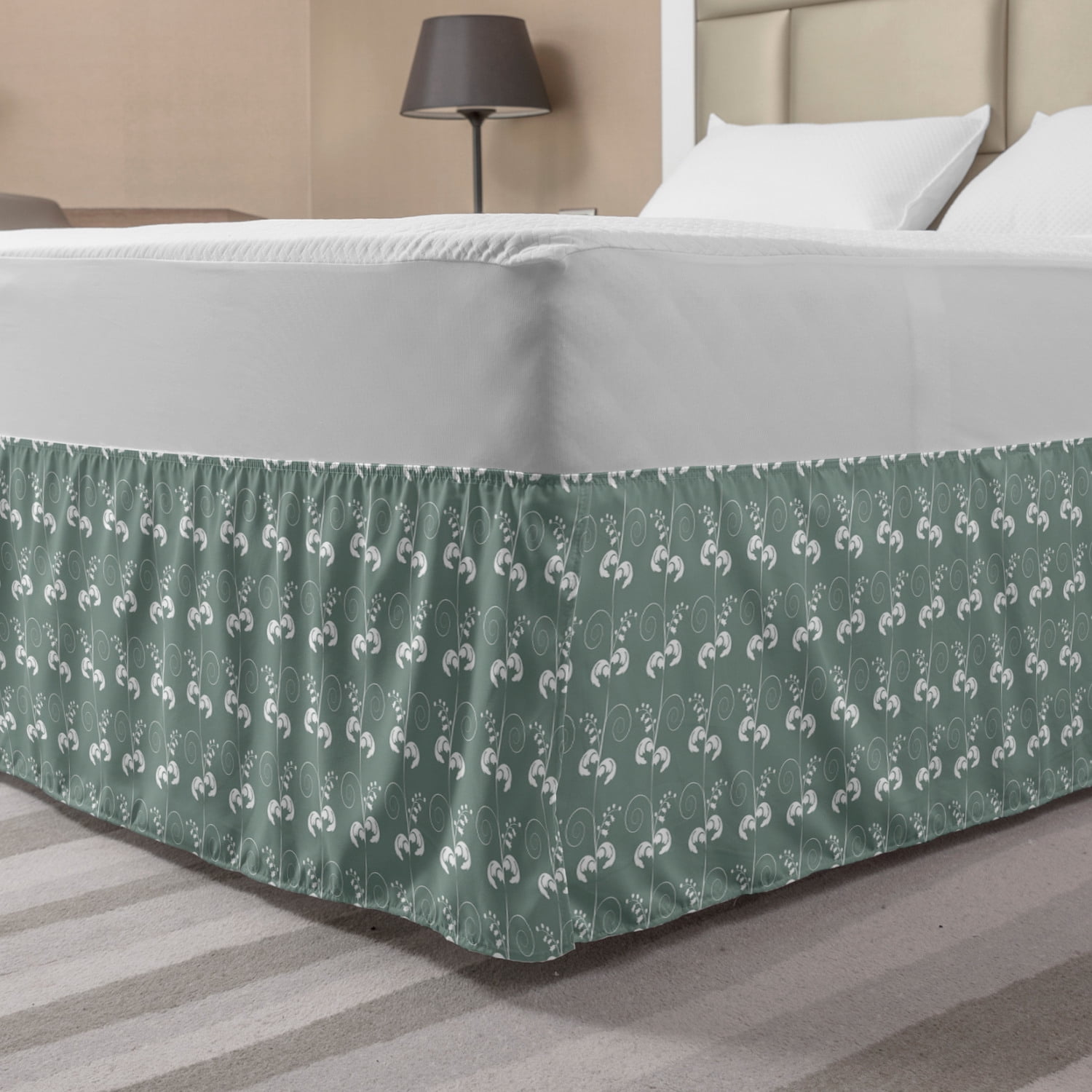 Green Bed Skirt, Victorian Style Swirled Branches Twings Blooms Artwork