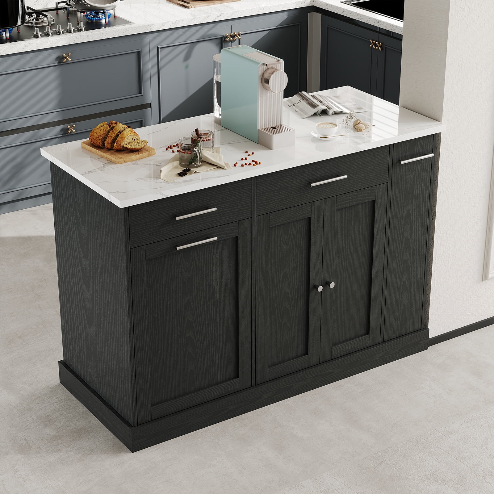 4 EVER WINNER Rolling Kitchen Island Cart with Storage, Mobile Kitchen Island on Wheels with Trash Can Storage, Spice Rack & Towel Rack, Multi-Functional Kitchen Island Table for Organization, Black