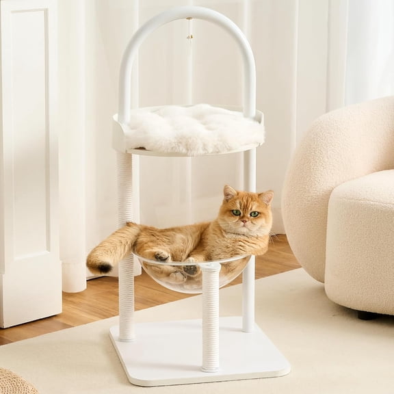 HITTITE Modern Cat Tree Tower for Indoor Cats up to 12lbs, 34" H Furniture-Style Metal Cat Tower with Scratching Posts, Wood Cat Bed with Soft Plush Cushion Washable, Acrylic Capsule, Soft White