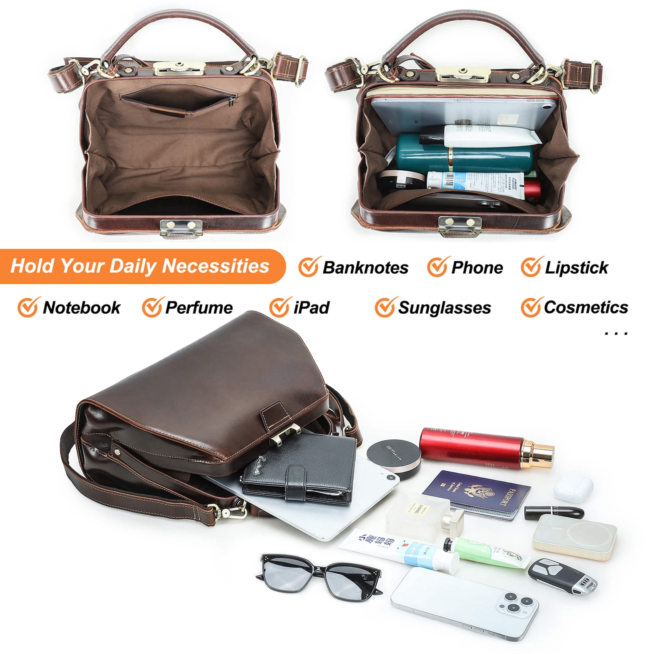 Contact's Full Grain Leather Doctor Bag Purse for Women Vintage Handbag Large Top Handle Satchel Bag (Coffee)
