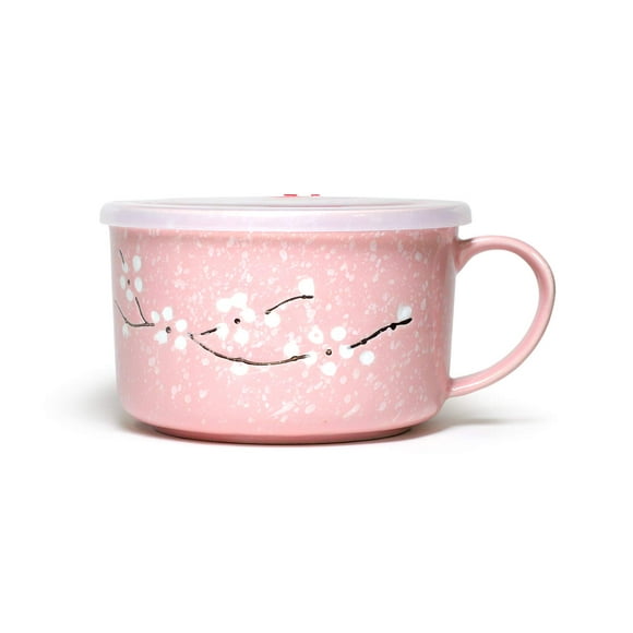 Microwavable Ceramic Noodle Bowl with Handle and Seal Fine Porcelain Sakura Snow Flake Floral Design (BlossomPink)