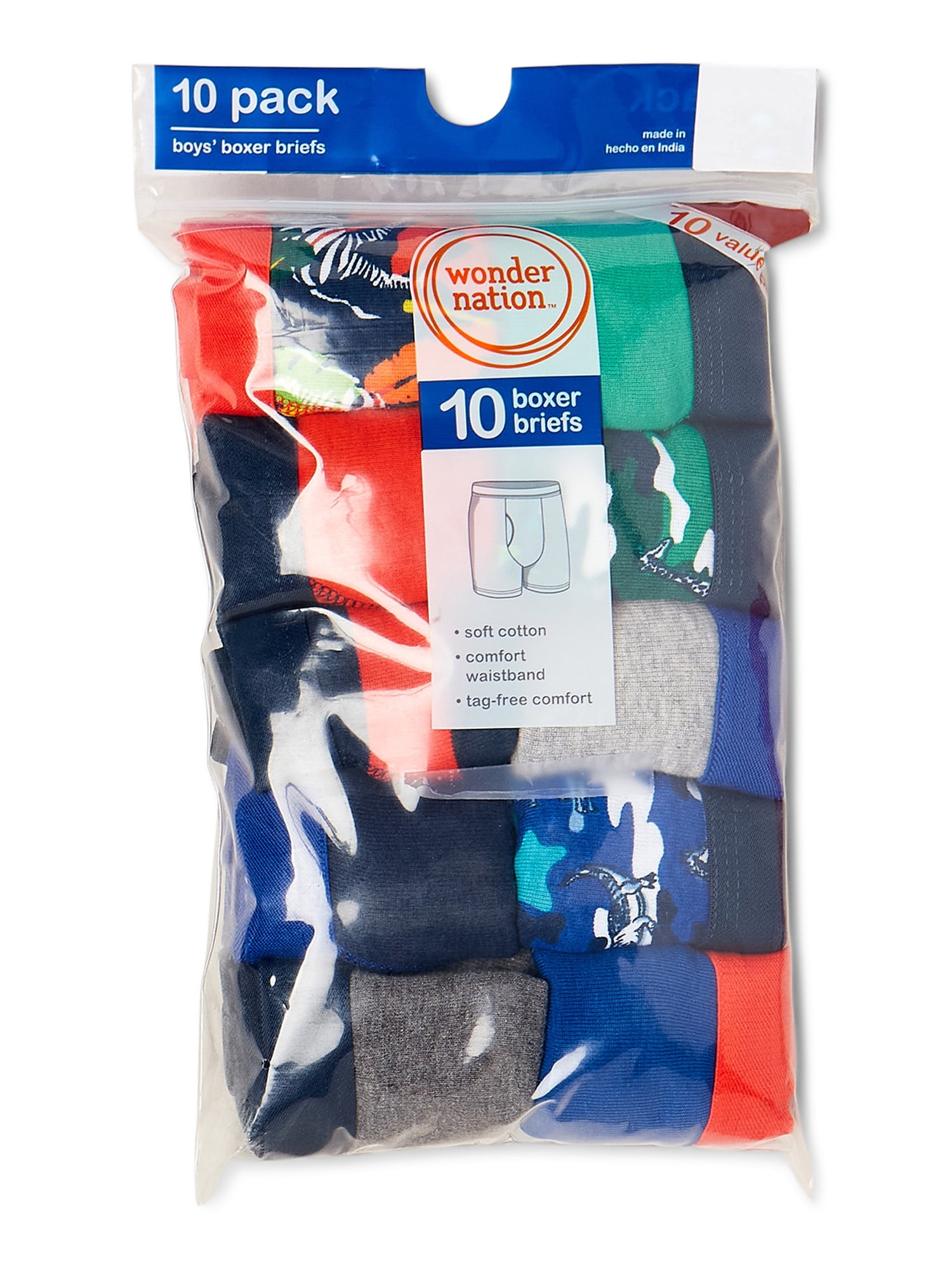 Wonder Nation Boys Underwear, Soft Cotton Boxer Briefs, 10-Pack, Sizes S-XXL & Husky