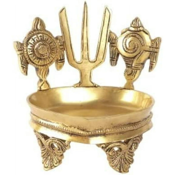Brass Shankh Chakra Namah Design Over Carved Legs Oil Lamp/Diya/Deep/Dhoop For Pooja (Approx. 12.5 x 10 x 12.5 Cm) Akhand Diya
