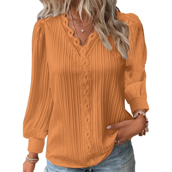 DYMADE Womens Long Sleeve V-Neck Casual Solid Color Hollow Out Basic Blouses T-Shirt