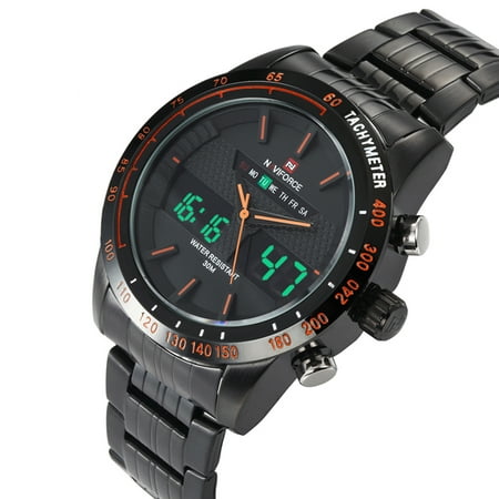 - NAVIFORCE Stainless Steel 3ATM Waterproof Fashion Wristwatch Dual Time Quartz Sports Men Watch with Function of Backlight Alarm Calendar Stopwatch