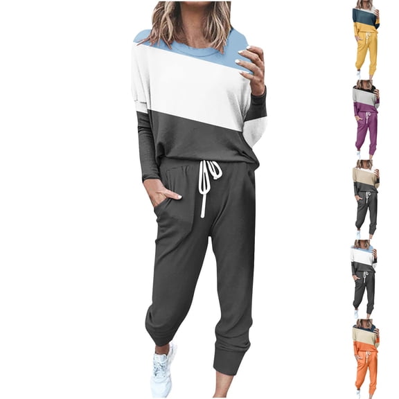 Admvng Two Piece Sets for Women Plus Size Loose Solid Color Long Sleeved Tops Matching Long Jogger Pants Lounge Sets for Women S-5XL