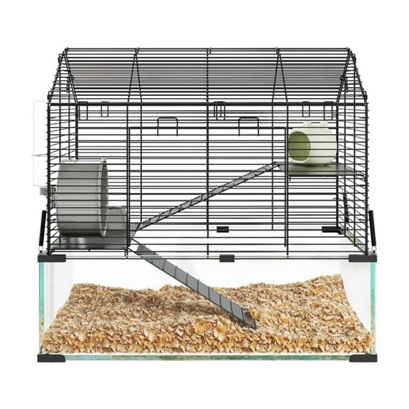 Large Hamster Cage, 3-Tier Gerbil Cages with Running Wheel, Water Bottle, Food Bowl, Ramps, Portable Hamster House with 7" Deep Glass Bottom for Syrian, Dwarf Hamster, Gerbils