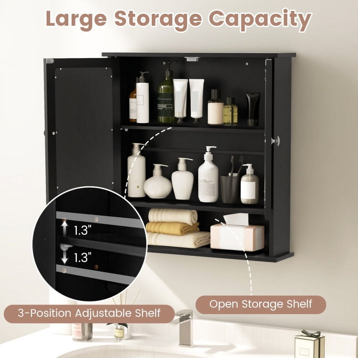 Kadyn Double Door Wall-Mounted Bathroom Mirror Cabinet with Storage Shelf-Black