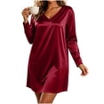 thumbnail image 4 of Guieoi Womens Dresses Long Sleeve Solid-Color Satin V-Neck Loungewear Nightgown Long Nightgown Midi Dress Red M, 4 of 8
