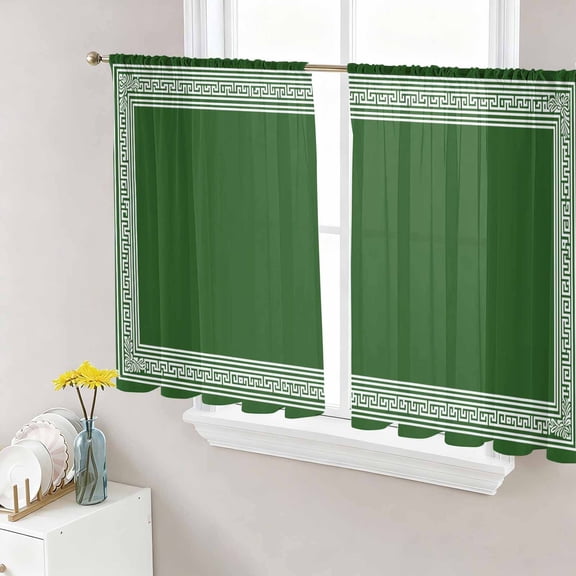 Sheer Curtains 54 Inch Length 2 Panels Set for Kitchen, Green Greek Key Semi Sheer Curtains for Windows, Geometric Greece Ancient Farmhouse Geo Voile Window Treatments Rod Pocket Curtain