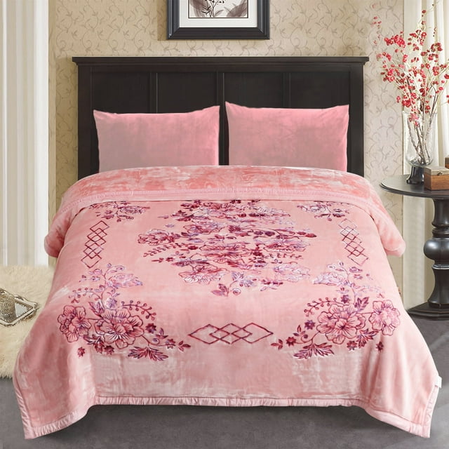 JML Thick Warm Winter Fleece Blanket For King Bed 2 Ply Reversible Soft Raschel Blanket,87"x94",10.5lb, Pink Floral
