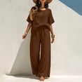 thumbnail image 3 of Aofany Two Piece Sets for Women Cotton Linen Outfits Casual Crew Neck Solid Short Sleeve Top and Wide Leg Pants Set, 3 of 4