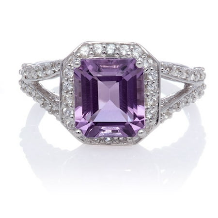 Amethyst Emerald-Cut Halo with White Topaz Sterling Silver Split Shank Ring, Size 7