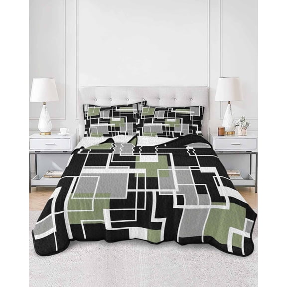 Quilts King Size, Sage Green Black Geometric Soft Comforter Bedding Set for Bed, Modern Abstract Art Block Lightweight Quilted Bedspread with Pillow Cover(2 Pieces) for All Season, 96x106 Inch