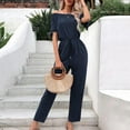 thumbnail image 5 of Lilgiuy Fashion Women's Solid Bandaget Elastic Waist Off Shoulder Short Sleeve Jumpsuits Petite Classic Fit Proportioned Pant, 5 of 5