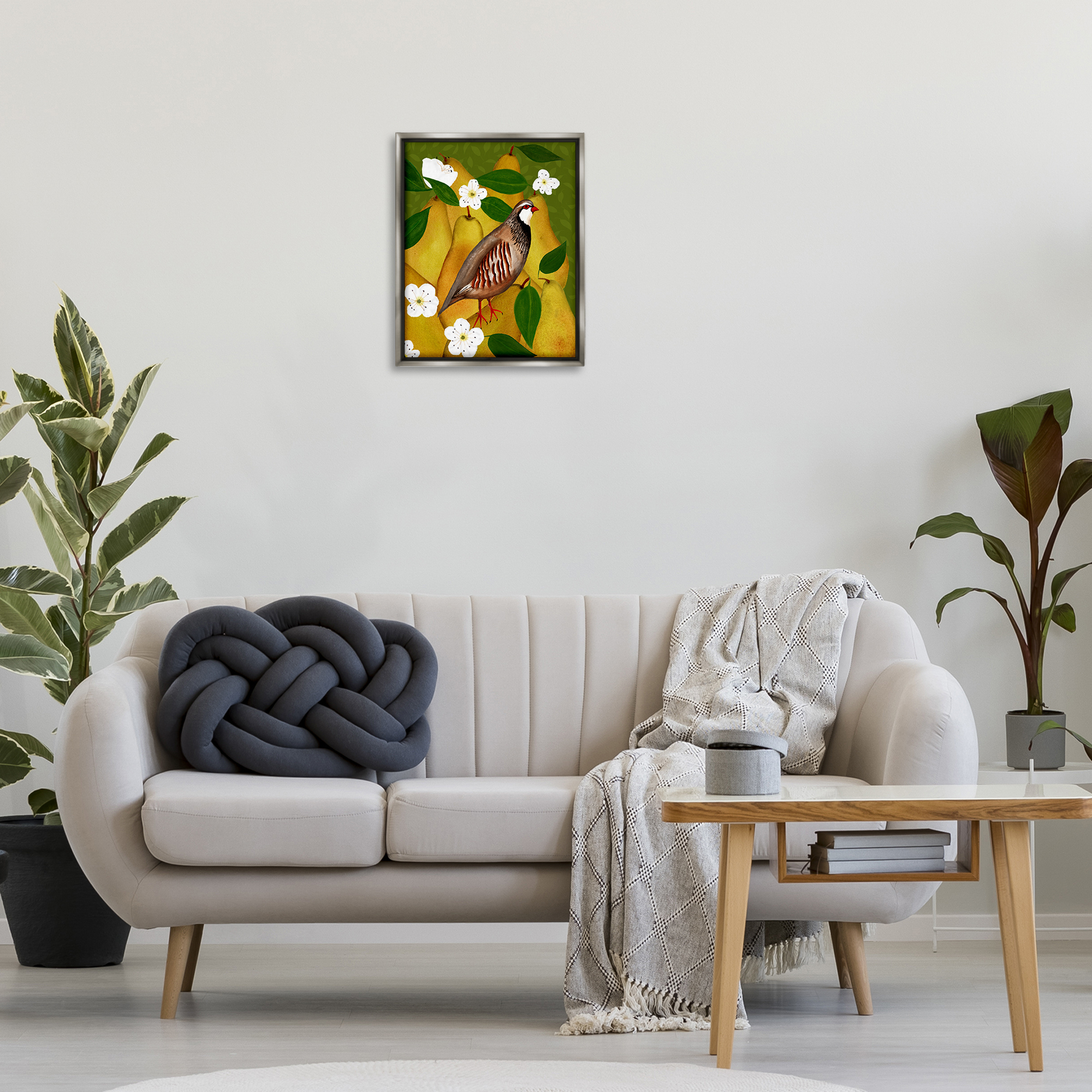 Stupell Industries Partridge Bird & Pears Food & Beverage Painting Gray Floater Framed Canvas Art Print Wall Art, 17 x 21