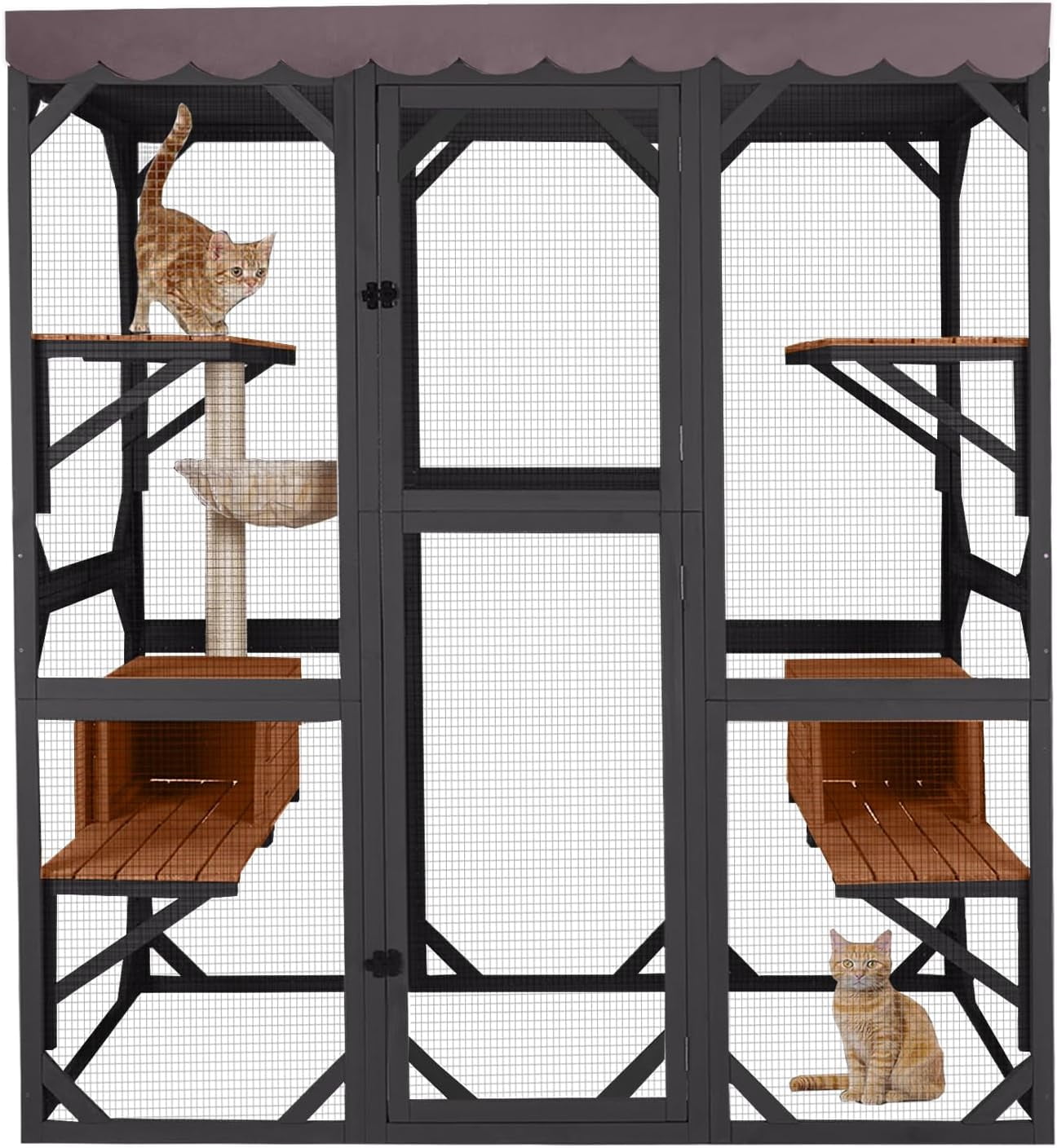 Aivituvin Catio Large Cat House Outdoor Walk in Outdoor Cat Enclosure Indoor Cage Kitty Condo Playpen with Door, Platform, Scratch Post, Hammock - Black