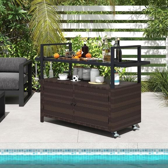 Outdoor Bar Cart with Tempered Glass Top, Rolling Wicker Serving Cart for  Garden Poolside