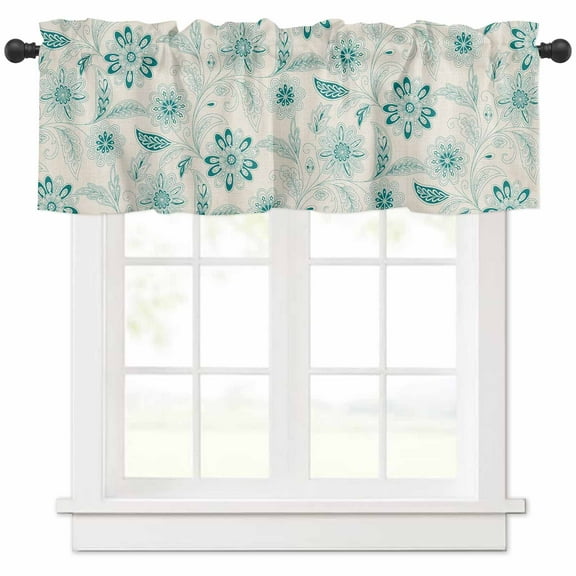 Teal Boho Valances for Windows Farmhouse Kitchen Curtains Valances Rod Pocket Valance Curtains for Kitchen Windows Vintage Pattern Ethnic Flower Tribal Leaf Window Valances for Bathroom 54"x18"