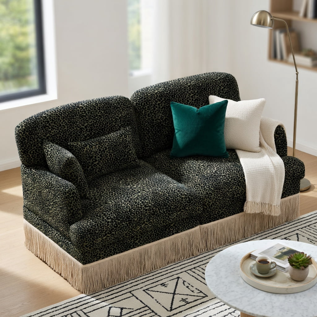 Hommoo 2-Seat Leopard Print Chenille Loveseat Sofa with Tassel Trim, Modern Modular Sectional Couch, Ergonomic Deep Seat Design, Easy Assembly, Living Room Sofa, Green Black
