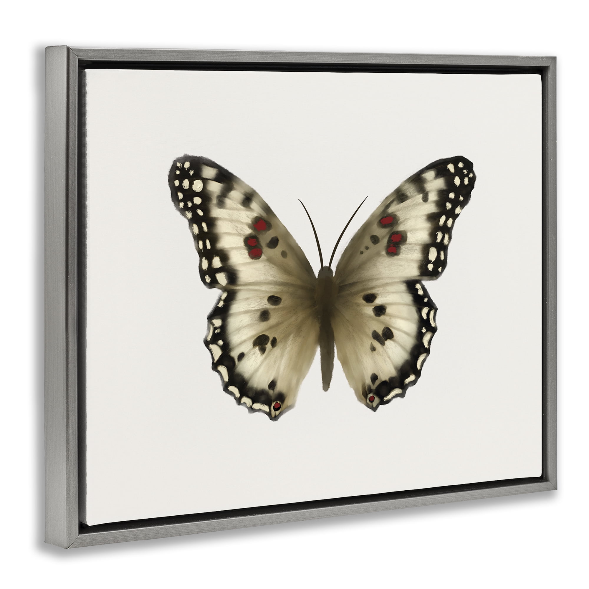 Stupell Industries Tan Symmetrical Butterfly Animals Painting Gray Floater Framed Canvas Art Print Wall Art, 21 x 17