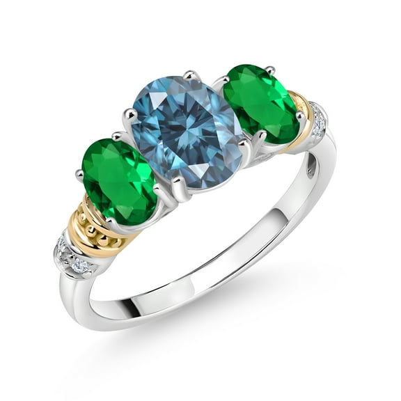 Gem Stone King 925 Sterling Silver and 10K Yellow Gold Oval Persian Blue Moissanite Green Nano Emerald and White Diamond 3 Stone Ring for Women (2.21 Cttw, Gemstone Birthstone, Size 5)
