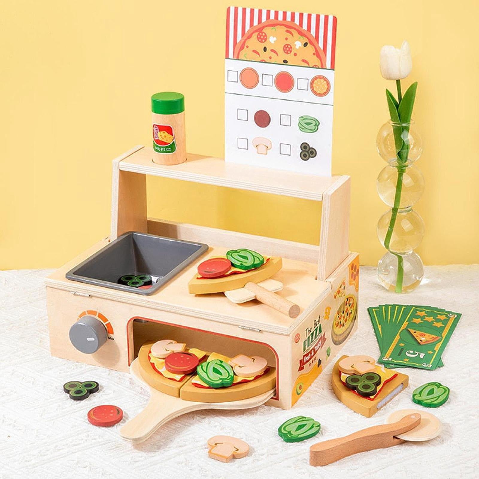 Juego De Pizza De Madera De 6 Porciones: Set Recortable Con 18 Ingredientes, Cortador Y Espátula Para Cocinita Infantil, Regalo De 3+ Años