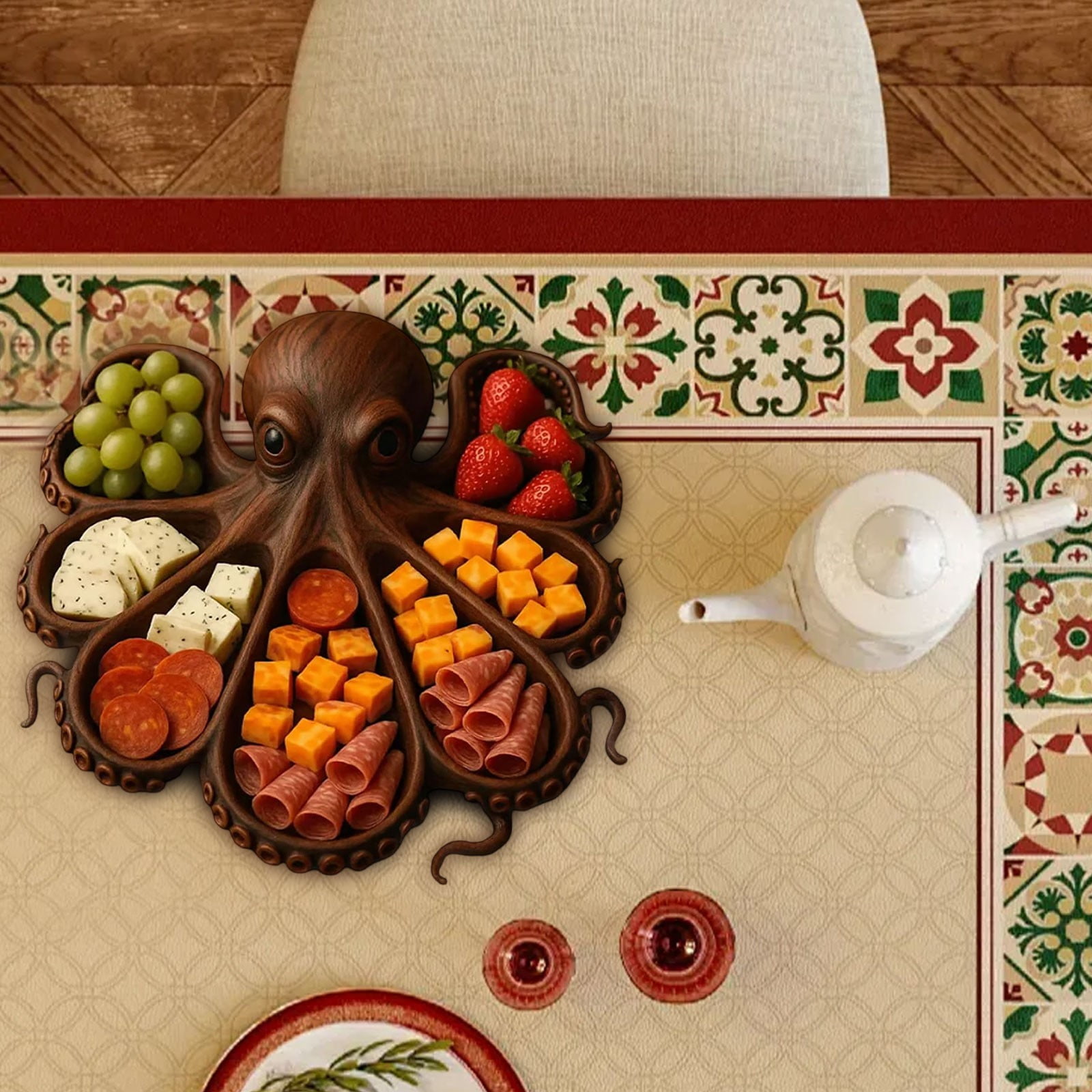 Wood Octopus Fruit Serving Tray Set,Octopus Shape Charcuterie Platter,Ocean Themed Cheese Bread Board Fruit Tray Board