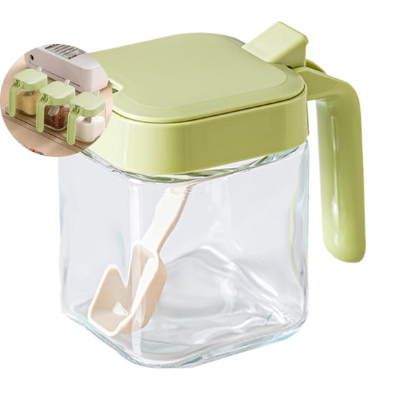 VQPeo Condiment Jar Spice Container with Lids and Spoons, Kitchen Spice Pot, Clear Glass Condiment Pot, Kitchen Salt Pepper Sugar Storage Container Jar