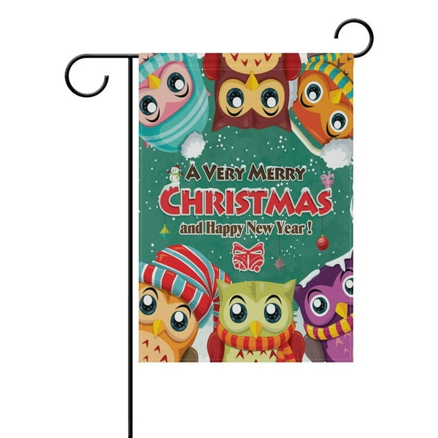 POPCreation Vintage Christmas Poster Design With Owls Polyester Garden Flag Outdoor Flag Home Party Garden Decor 28x40 inches