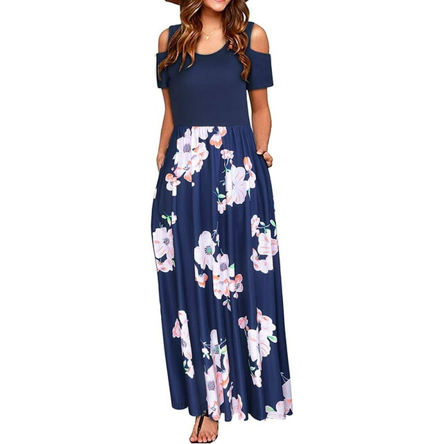 SMihono Été Boho Maxi Robe pour les Femmes Plus Size Femmes Casual Longue Robe avec Imprimé Floral Rayé Maxi Robe à Manches Courtes Plage Swing Sundress