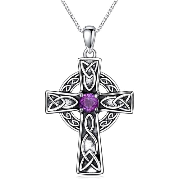 DVEATR Celtic Cross Necklace with Amethyst for Women 925 Sterling Silver Genuine Amethyst Cross Pendant Necklace
