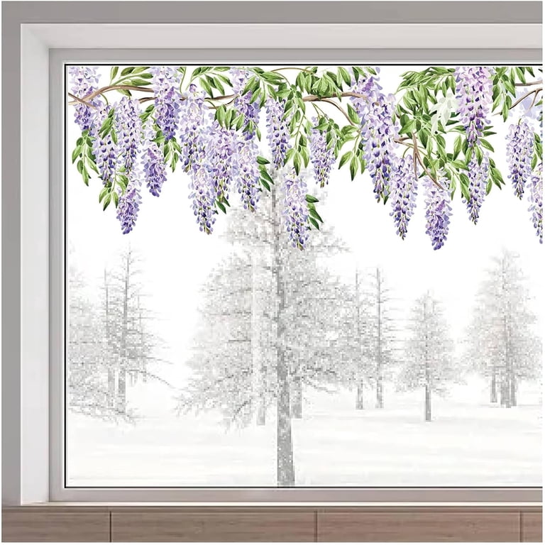 Purple Wisteria Window Film Clings - Reusable Static Cling Flower Decals For Summer Window Decor