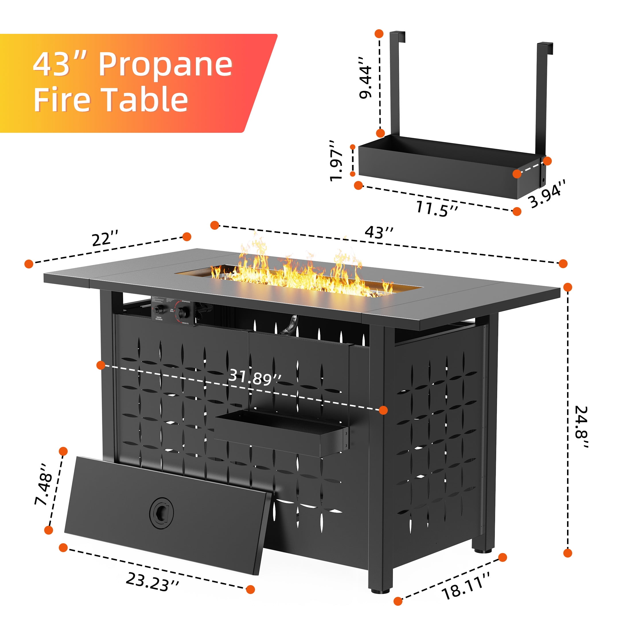 Enyopro 43" Propane Fire Pit Table, 60,000 BTU 2-in-1 Auto-Ignition Rectangular Fire Pit with Hidden Propane Tank Design, Lava Rock & Steel Lid for Patio, Porch, Garden, CSA & ETL Certified
