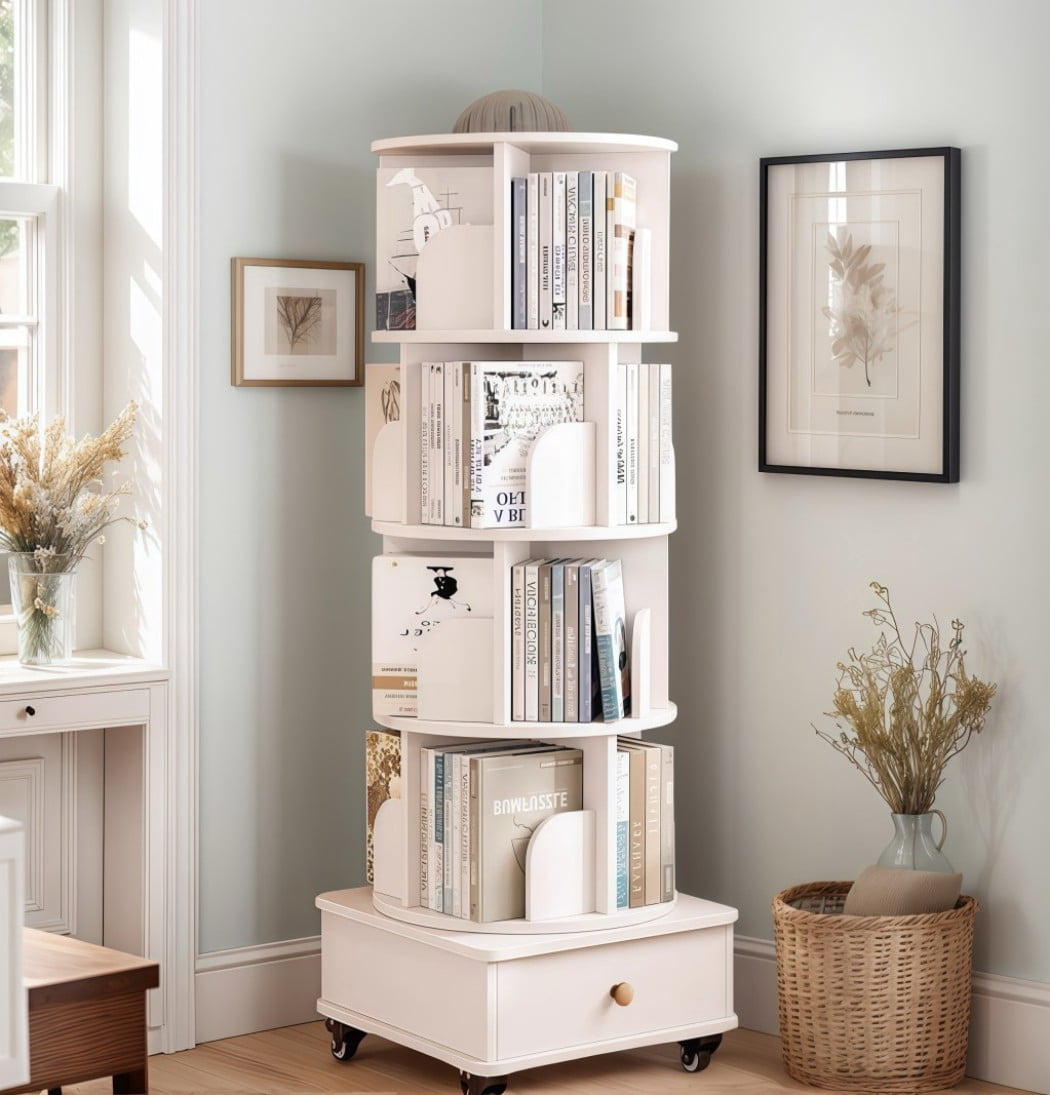 5-Tier Rotating Bookshelf with Drawer, 360° Spinning Corner Bookcase, Narrow Space-Saving Floor Standing Storage Rack for Bedroom, Living Room, White