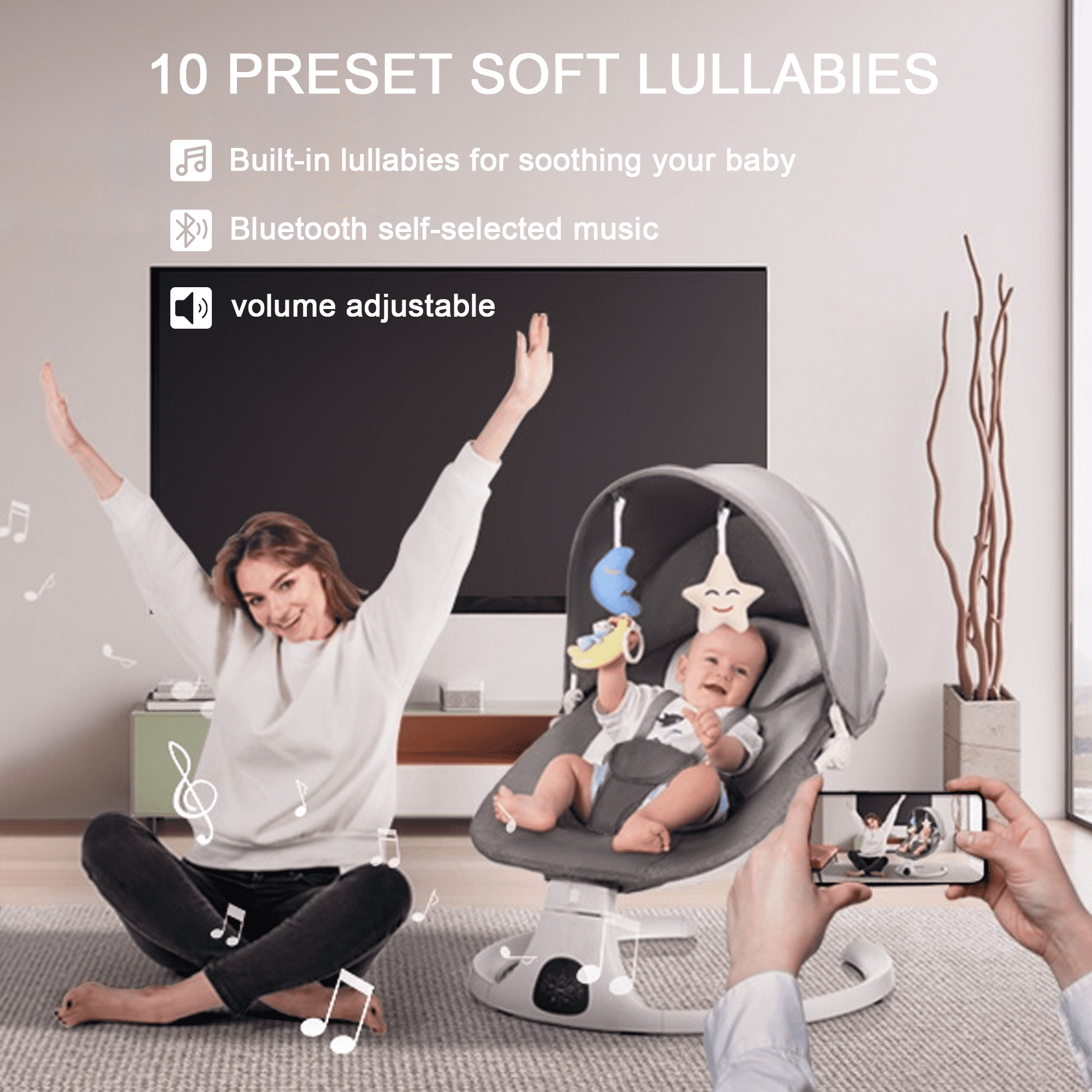 OEIKPFN Electric Baby Swing for Infants Bouncer for Boy Girl with Remote Control, 5 Speeds, 10 Music, Gray